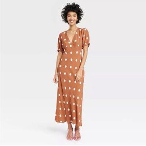 A New Day Brown White Polka Dot Flutter Sleeve Midi Dress Women's Size XS